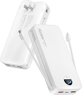 Portable Charger, 20000mAh PD20W USB C Power Bank Fast Charging with Built-in Cables & Wall Plug, External Battery Pack with LED Display, Travel Essentials Battery Bank for iPhone iPad Samsung White
