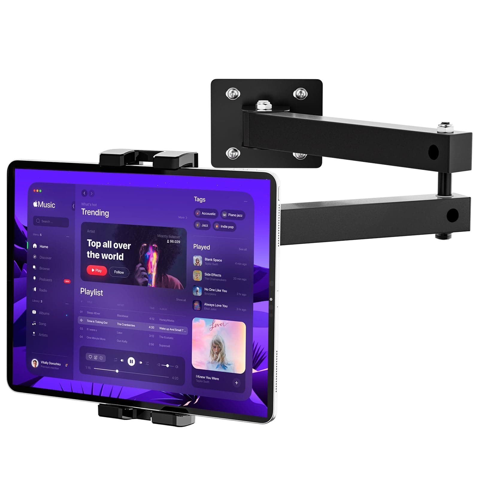 Foldable Wall Mount iPad Holder Tablet Mount Stand,360° Adjustable Tablet Holder,2-Stage Extendable Articulating Aluminum Alloy Arm,Compatible with 4.7~12.9" iPad/Nexus/e-Reader/Switch/iPhone