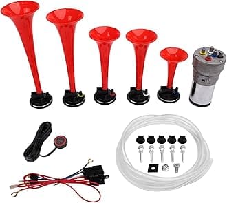 Musical Horn 5 Trumpet Music Sound Air Horn with Compressor Play Lacucaracha Melody Red 12V 150db for Train Truck Car Boat RV UTV Motorcycle (LACUKARACHA Musical Horns Kit)