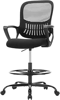 Sweetcrispy Tall Drafting Desk Chair - Ergonomic High Stool Computer with Adjustable Height and Comfy Lumbar Support, Office Rolling Counter with Flixed Arms and Footrest, Dark Black