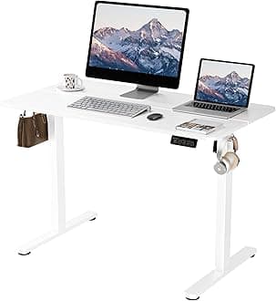 ERGOMAKER Electric Standing Desk, 43.3" x 23.6" Height Adjustable Sit Stand Desk with Splice Board for Home Office, Computer Desk Memory Preset (White Frame, White Desktop)