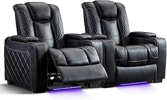 CANMOV Home Theater Seating Set of 2, Faux Leather Electric Power Recliner Chair with Ambient Lighting, Power Headrest, Lumbar Support, Cup Holders, Hidden Arm Storage, USB Ports, Black