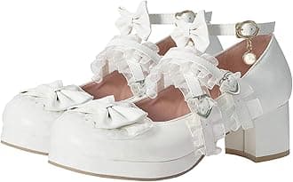 LUXMAX Women Cute Shoes Kawaii Pumps Mid Block Heel Mary Janes Platform Sweet Cosplay Dress Shoes Strappy Ankle Strap Pumps with Bow