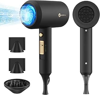 Professional Ionic Hair Dryer, Powerful 1800W Fast Drying Low Noise Blow Dryer with 2 Concentrator Nozzle 1 Diffuser Attachments for Home Salon Travel (Black)