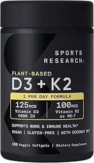 Generic Sports-Research D3 + K2, 160 Veggie Softgels - 125 mcg Vitamin D3 (5000 IU) and 100 mcg Vitamin K2 (MK-7) - 2-in-1 Support for Bone and Immune Health - Vegan, Non-GMO, Plant-Based
