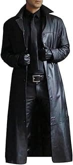Mens Retro Faux Leather Trench Coat Full Length Steampunk Long Overcoat Vintage Open Front Cardigan Jacket
