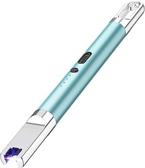 Electric Candle Lighter with Battery Display, Safety Switch, USB Rechargeable for Candle, Cooking, BBQ, Fireworks - Aluminum Case & Hanging Hook - Arc Plasma Lighter (Blue)