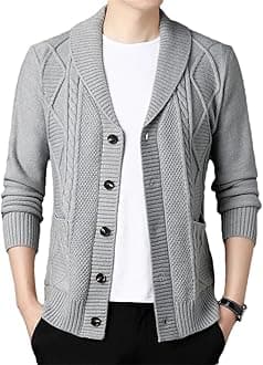 Men's Diamond Plaid Thick Wool Warm Long Sleeved Cardigan Knitted Sweater