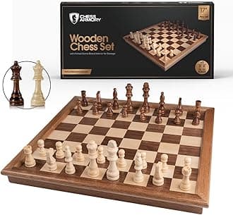 Chess Armory Wooden Chess Set – 17-Inch Large Chess Board with Felted Storage Box, Extra Queens & Handcrafted Staunton Pieces