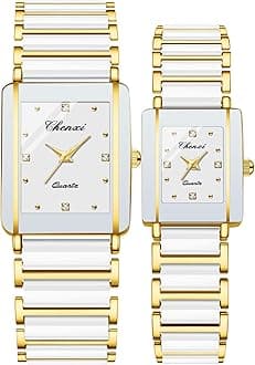Vintage Couple Watch Set - Men and Women Matching Quartz Square Ceramic His and Hers Pair With Diamond Waterproof Feature