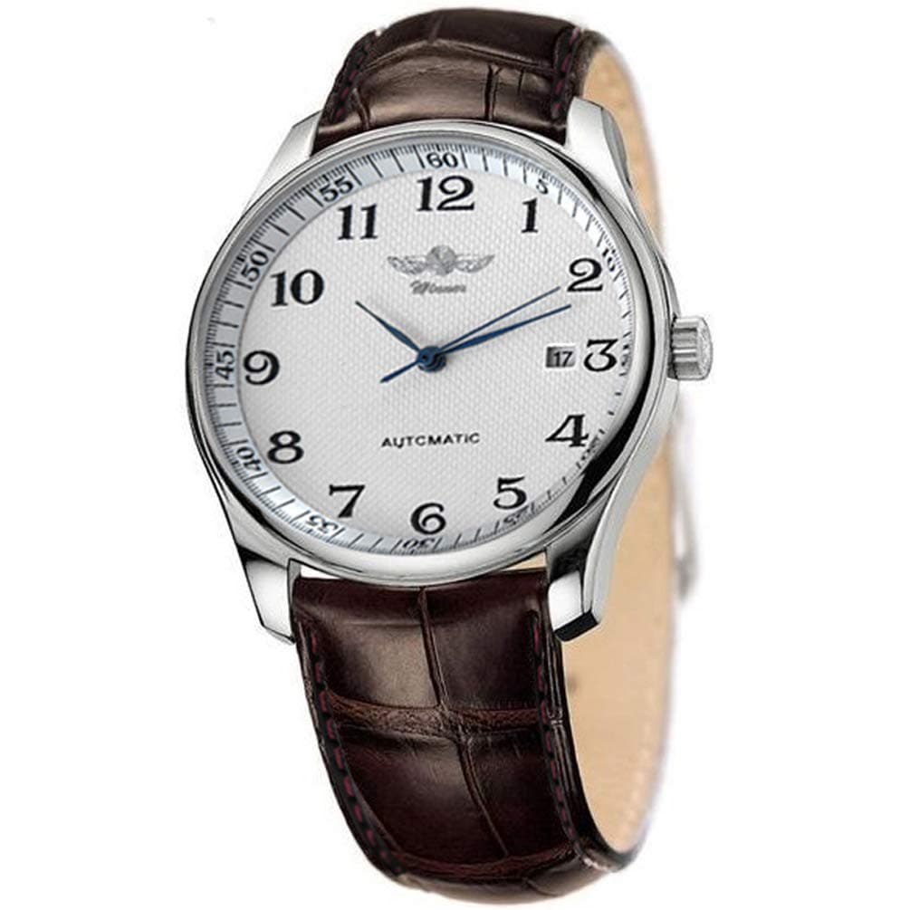 Men's Automatic Mechanical Watch Day Calendar Leather Band Arabic Numerals Wristwatch for Men