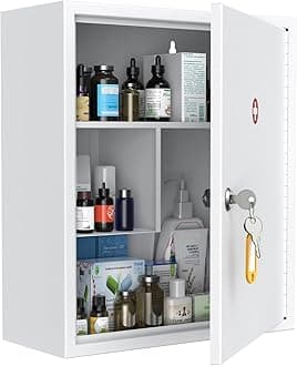 Uniclife Wall Mount Medicine Cabinet with Key Lock Locking First Aid Lockable Medical Safe Storage Box Large Capacity Medicine Organizer Secure Steel Wall Cabinet Metal Storage Box, White