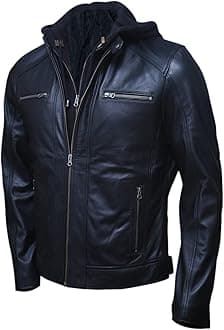 - Mens Genuine Lambskin Leather Motorcycle Jacket with Removable Hood in Black Brown