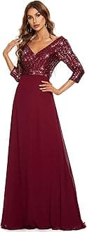 Ever-Pretty Women's Elegant Formal Dress V-Neck Long Sleeve Sequin Maxi Chiffon Evening Dresses Vestidos De Fiesta 00751