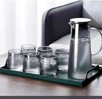 bellemax Water and Juice Black Glasses Set of 6 and Borosilicate Jug Set 1Combo,(6 PC Glasses 270ML and 1 Water Jug 1 Liter), Transparent, Glass and Jug Set for Dining Table (Black - B)