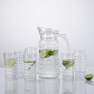 bellemax Italian Premium Water and Juice Glasses Set of 6 and Jug Set Combo,(6 Pieces Glasses 350ML and 1 Water Juice Jug 1.6 Liter), Transparent, Glass and Jug Set (Royal)