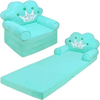 MOONBEEKI Kids Couch Fold Out, Foldable Princess Chair for Toddlers 1-3, Sofa Bed for Kids Folding Toddler Bed Lounger Chair for Bedroom （Green）