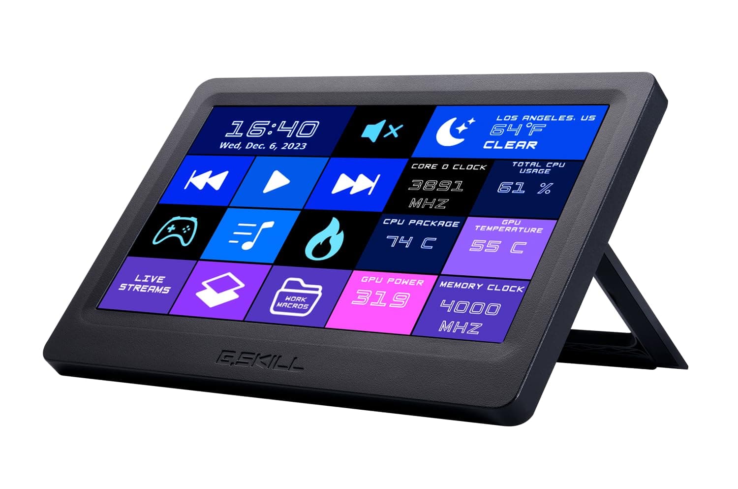 - G.SKILL WigiDash PC Command Panel - 7 inch Touch Display, Up to 20 (5x4) Widget Grid, Customizable Hotkeys/Shortcuts/Widgets, Monitor System Performance (Windows 10 and 11, USB Powered)