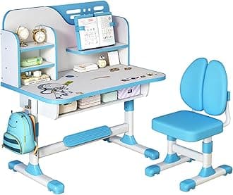 Kids Desk and Chair Set,Height Adjustable Student Study Table with Drawable Desktop,Book Stand,Bookshelf,Drawer,for Writing Reading Drawing,Study Desk Study Table and Chair for Boys Girls (Blue A)