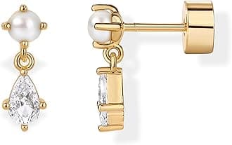 14K Gold Plated Sterling Silver Posts Pearl Flat Backs Stud Earrings for Women - Earscape Drop Dangle Pear Cubic Zirconia Pearl Mini Stud Earrings
