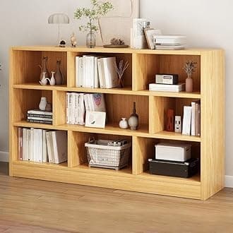 LITFAD Wood Modern Cube Bookcase with Closed Back and Multiple Shelves Floor Storage Cabinet for Home Office Study Room Library - Natural 55.1" L x 9.1" W x 39.4" H