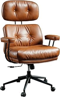 ovios Ergonomic Home Office Chair, Mid-Century Modern Faux Leather Chair with Lumbar Support, High Back Swivel Rolling Executive Chair with Comfy Thick Cushion (Brown, Faux PU Leather)