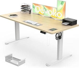 Devoko Electric Standing Desk 160x80cm, 18mm Thick Tabletop, Sit-Stand Height Adjustable with Sedentary Reminder, USB Charging Port, 3 Memory Smart Panel, Heavy-Duty Steel Frame (Beige)
