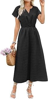 ECOWISH Women Cotton Midi Dress: 2025 Button V Neck Casual Summer Dresses Short Sleeve A-Line Shirt Long Dress with Pockets