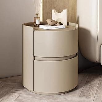 ERICAT Round Night Stand Nightstand, Wooden Bedside Table for Bedroom, Outer Leather Bedside Table, Nightstand Storage Living Room end Tables Drawer Shelf Bed Side Table(Brown,45x45x50cm)