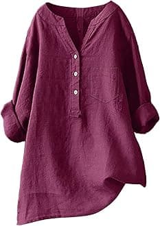 Linen Shirts for Women 2025 Buttons V Neck Cloths Long Sleeve Pockets Tshirt Trendy Dressy Blouses Casual Tunic Tops