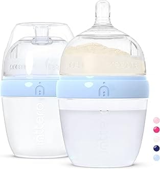 INTTERO Baby Bottles with Built-in Formula Dispenser, Anti-Colic Wide Neck Design for Newborn Feeding and Everyday Baby Essentials, 6 Oz Slow Flow (2 Pack), Cute Blue