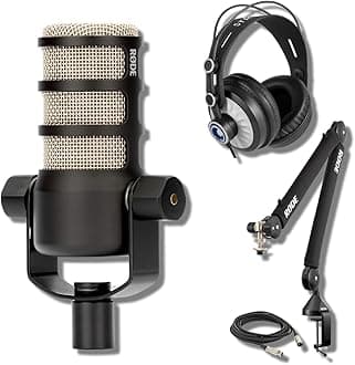 Rode PodMic Dynamic Podcast Microphone with Rode PSA1+ Boom Arm, TH-02 Podcast Headphones, XLR Cable and StreamEye Polishing Cloth