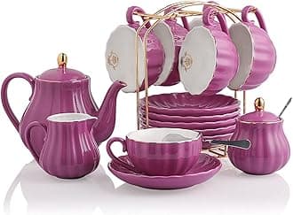 Porcelain Tea Sets British Royal Series, 8 OZ Cups& Saucer Service for 6, with Teapot Sugar Bowl Cream Pitcher Teaspoons and Tea Strainer, Suitable for High Tea, Wedding, Party (Violet)