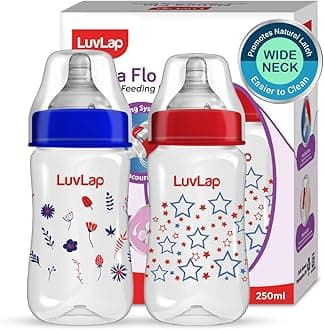 Anti-Colic Wide Neck Natura Flo Baby Plastic Feeding Bottle, 250Ml (Pack of 2), New Born/Infants/Toddler Upto 3 Years, Stars, BPA Free