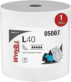 WypAll PowerClean L40 Cloths Extra Absorbent Wipes, Jumbo (05007), Bulk Paper Wipers, White (1 Roll of 750 Sheets)