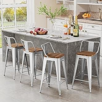 Andeworld Metal Bar Stools Set of 4 Kitchen Counter Stools Bristro Barstools Industrial Bar Stools (26 Inch, Silver with Wooden Seats)