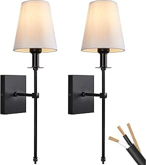 PASSICA DECOR Hardwired Wall Sconces Set of Two 2 Pack Black with Vertical Rod and White Fabric Flared Shade,Versatile Used in Bathroom Stairway Fireplace Living Room Bedroom Farmhouse Nightstands