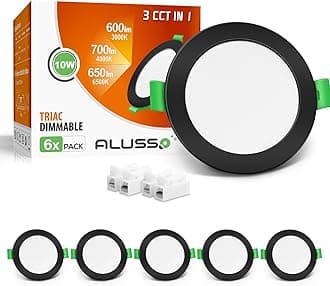 ALUSSO Ultra Slim 10W Dimmable LED Downlights, 700LM Recessed Ceiling Lights, 3000K-6500K Adjustable, 30MM Height Black for Bathroom, IP44 Spotlights, 6 Pack