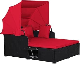 RELAX4LIFE Patio Outdoor Daybed with Canopy, Wicker Sunbed w/Cushions, 4 Pillows & 2 Retractable Side Trays, 2-Person Lounge Bed Conversation for Poolside Porch Garden, Rattan Outdoor Bed (Red)