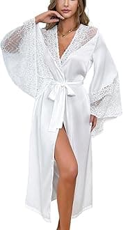 WADAYUYU Women Elegant White Lace Kimono Robe Satin Summer Dressing Gown for ...