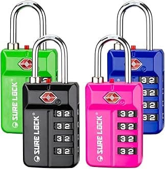 SURE LOCK TSA Approved 4-Digit Resettable Combination Luggage Locks with Open Alert, Easy-Read Dials - for Luggage, School Lockers, Gym, Office, Toolbox & Security Cases(4 Assorted Colors)