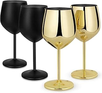 Lifecapido Stainless Steel Wine Glasses Set of 4, 18oz Stainless Steel Wine Goblets, Metal Wine Glasses with Cup Brush for Party Office Wedding Anniversary, Great for Red White Wine, Gold and Black