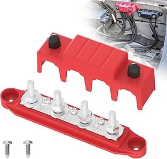 Bus Bar 250A 12V Power Distribution Block with 5/16" (M8) 4-Posts Terminals Block with Cover for Automotive, Marine, Battery System (Red)