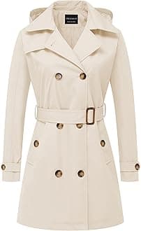 CREATMO USWomen's Trench Coat Double-Breasted Classic Lapel Overcoat Belted Slim Outerwear Coat with Detachable Hood