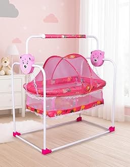 FLIPZON Premium New Born Baby Cradle with Swing & Mosquito Net | 0-13 Months | Wheels | Safety Belt with Lock | Sturdy & Safe | Polypropylene/Mild Steel | J1-Pink