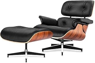 Top Black Grain Leather, Mid Century Chaise Lounge Chair and Ottoman, Modern Chair Classic Design, Heavy Duty Base Support for Living Room Study Lounge Office, Palisander Heightening