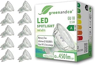 greenandco 10 x LED spotlights, GU10, 2.5 W, 450 lm, 6500 K, cold white, 100°, 230 V, flicker-free, energy efficiency class A, not dimmable