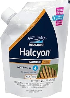 Halcyon Water-Based Marine Varnish | Fast-Drying Polyurethane Wood Finish for Boats, Outdoor Furniture, and Woodworking | Clear Satin, Pint