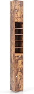 COSTWAY Slim Bathroom Tall Cabinet, Freestanding Storage Cupboard with 2 Doors, 1 Drawer & Adjustable Shelves, Wooden High Floor Cabinet Unit for Bathroom Living Room, 20x20x180cm (Rustic Brown)