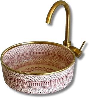 MIRATILE Handmade Ceramic Basin Sink, Handwash Countertop Vanity Basin, Farmhouse Bathroom Basin, Sink Bowl with Brass Rim Edge, Hand Painted Wash Basin Sink (10"= 25cm, Pink)